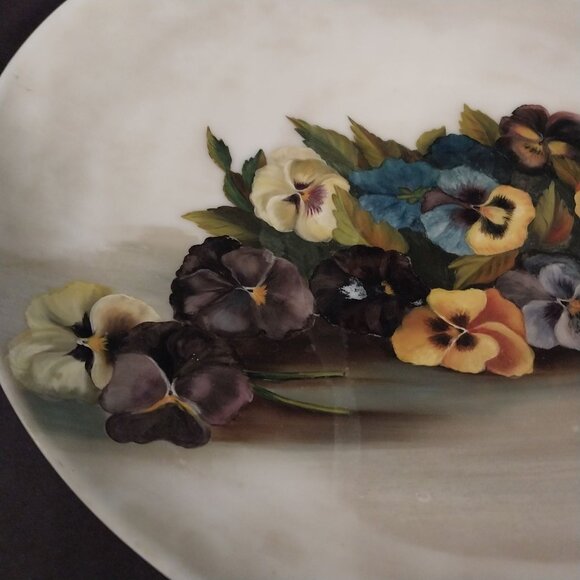 Large Vintage Pansies Hand Painted Platter Plate Glass Or Porcelain Stunning - Picture 3 of 8